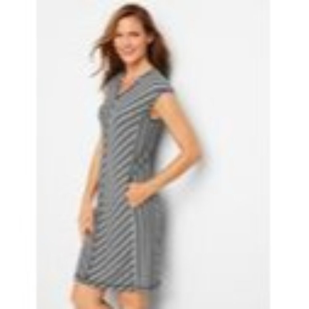 Talbots Mixed-Stripe Shift Dress, Medium Petite, Gray/Black/White, Rayon & Spand